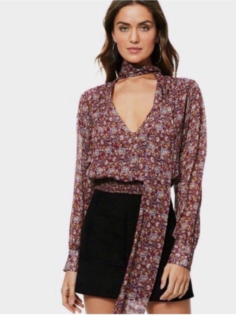Ramy Brook Winslow Metallic Maroon Floral Printed Neck Tie Top